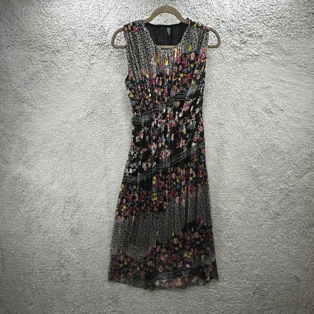 Lapis Womens Small Black Floral Polka Dot Pleated Mesh Sleeveless Midi Dress